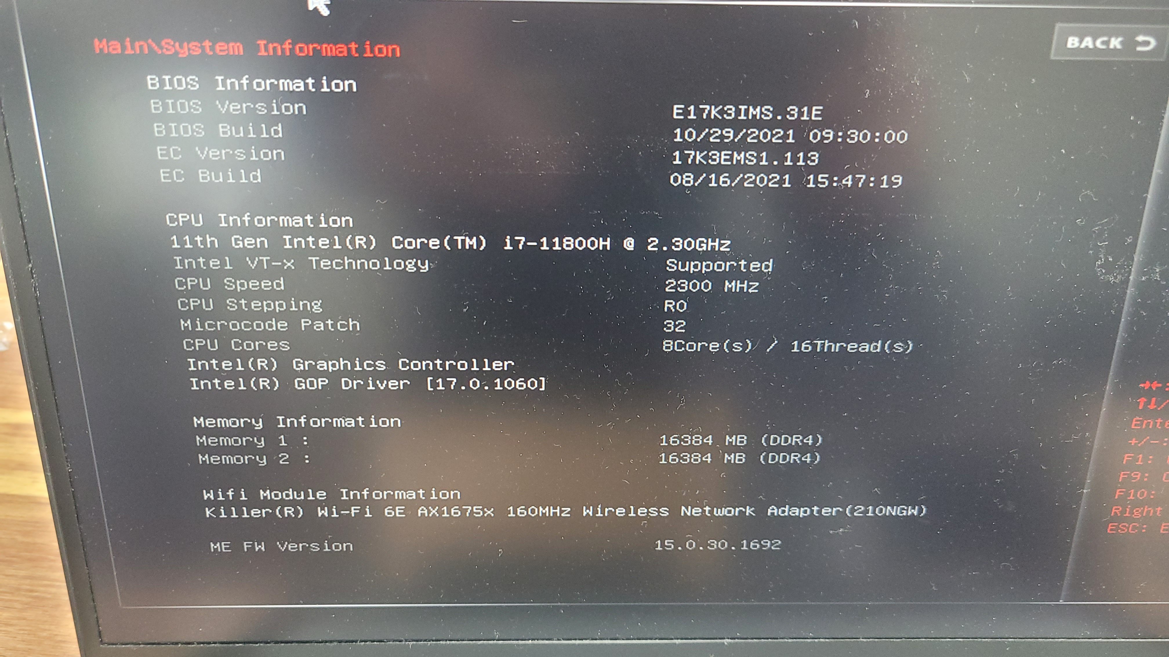 BIOS 시스템 정보에서 확인한 Intel Core i7-11800H와 32GB 메모리 구성